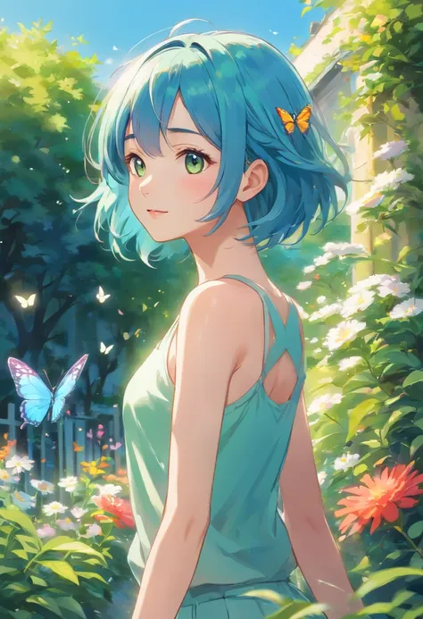 (best quality,4k,highres,ultra-detailed,realistic),a beautiful 18-year-old Asian girl,stunning detailed blue hair,gorgeous green eyes,dressed in a tank top and shorts,walks in a breathtakingly beautiful garden,flourishing with vibrant flowers and lush gree...