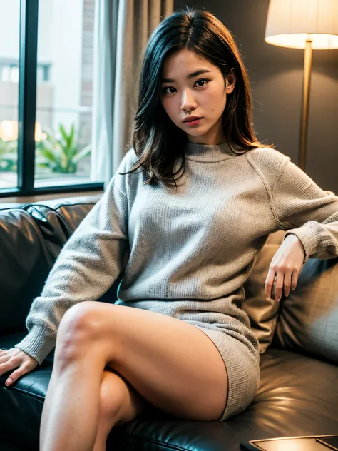 1 woman, Kimmie Miso, sitting on couch, crossed legs, soft lighting, 4k, sweater dress, full shot,