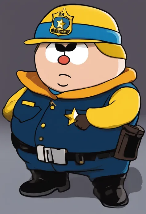 A picture of Cartman in a police uniform, handcuffing a suspect with a satisfied smirk on his face,South Park,Eric Cartman, a character from the animated TV series “South Park,” is easily recognizable with his round, chubby figure, often clad in a red jack...