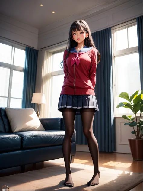 Show entire body, mixed race female, wearing American school girl uniform, short skirt, pantyhose, no shoes, luxurious living room, standing, huge windows, photorealistic, great detail