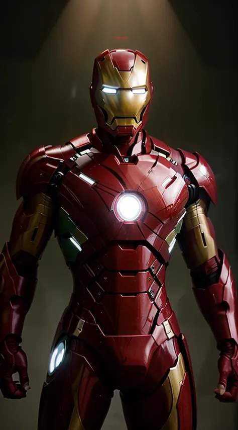 Iron man of green and white color and red lights pointing his hand full of red color energy towards the viewer and gray background