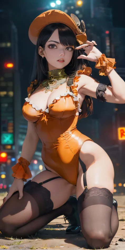 Face Real((top-quality))、((​masterpiece)、Kneel with your hands on the transparent ground、Big buttocks、48-year-old girl&#39;Buttocks in the face、Steampunk Punk Fashion、Sexy Posing、((The lower body is an orange leotard、Wear a garter belt))、Breasts enlarged、R...