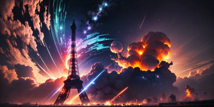 absolute and breathtaking moment of atomic explosion in Paris with debris and star shower ending with fractal design, blue and rainbow colors, no white spaces, curved infinity, retro nuclear, well defined features, cinematic, color grading, editorial photo...