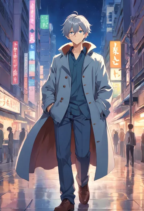 one male teenager, adorable, captivating, messy silver hair, wearing a silver colored double-breasted coat with large cuffs thats open down the middle, standing on two feet, full body committee, 4k, ultra high resolution, delicate eyes, relaxed, gentle exp...