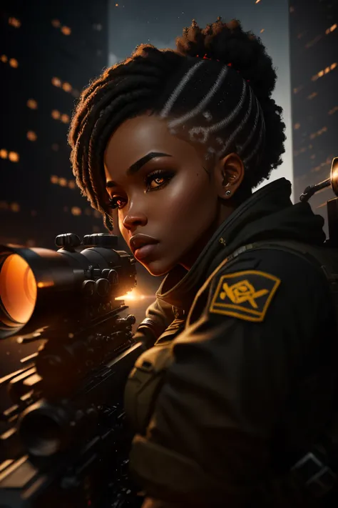 Black woman with a sniper rifle, looking through the scope, positioned on top of building shooting at the enemy on the street, photorealistic image, 8k, ultra HD, unreal engine rendered, cinematic lighting, artgerm style,