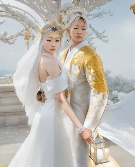 there are two women dressed in white and gold standing next to each other, & jeehyung lee & wlop, bride and groom, wedding, white and gold robes, luxurious wedding, snapshot, wedding photo, wlop and ross thran, gold and white robes, white and gold priestes...