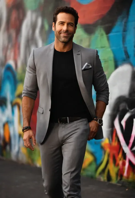 Ari stands in front of a massive graffiti mural, with a spray paint can in hand and an intense expression.,Entourage,Ari Gold, the fictional talent agent from “Entourage,” is known for his sharp, polished appearance, often seen in designer suits that compl...