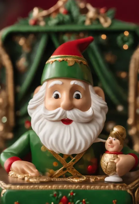 A close-up of Elfred carefully painting tiny details on a nutcracker figurine,original,As the head elf, Elfred, presents a deceptive appearance with his small, sprightly frame, twinkling green eyes, and a constant smile under a neatly trimmed white beard. ...