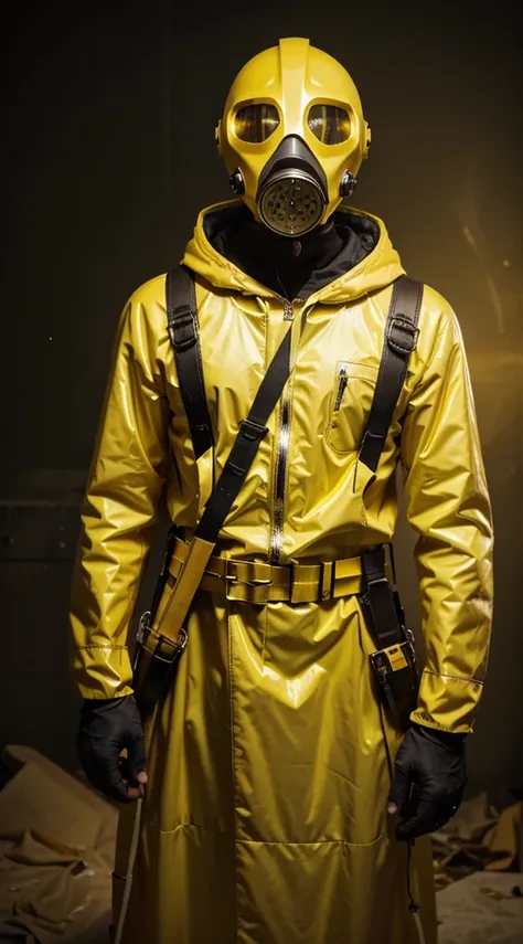 Man in yellow color gas mask and dressed in yellow color futuristic costume with very bright yellow color LED lights on the costume and holding a very shiny golden ax with blood marks and background with space UFOs and aliens looking at the viewer serious ...