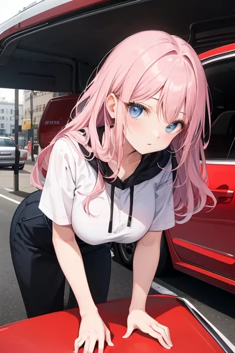 ultra - detailed, 1 busty girl, 18yr old, mediuml breasts, light pink colored hair, eBlue eyes, Long gray hair, The face is red, direct, parking lot, Leaning forward, The face is red, LOP, Car background, Side Body, tmasterpiece, Best quality