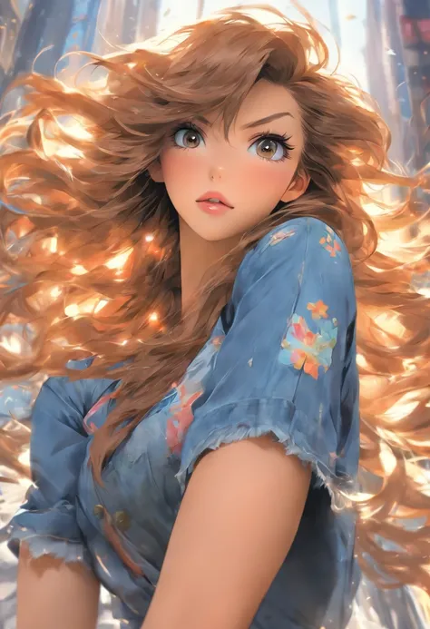 masterpiece:1.2,fashion illustration,detailed face,detailed eyes,detailed lips,brown hair,exposed shoulders,long flowing hair,dress,denim,dynamic pose,dynamic angle