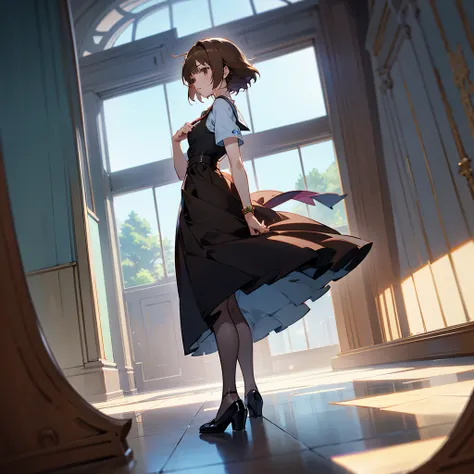 there is a woman in a brown dress standing in a room, female protagonist, rin, style game square enix, sayori, ayami kojima amano, inspired by Riusuke Fukahori, deayami kojima, makoto shinka