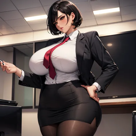 Voluptuous office girl, office suit, big ass, 4k ultra HD high resolution, masterpiece, thick thighs, wide hips, hip dips, glamorous lighting, tights, tight pencil skirt, short black hair, mature, fierce looking, solo girl, 1girl, blushing, heavy breathing...