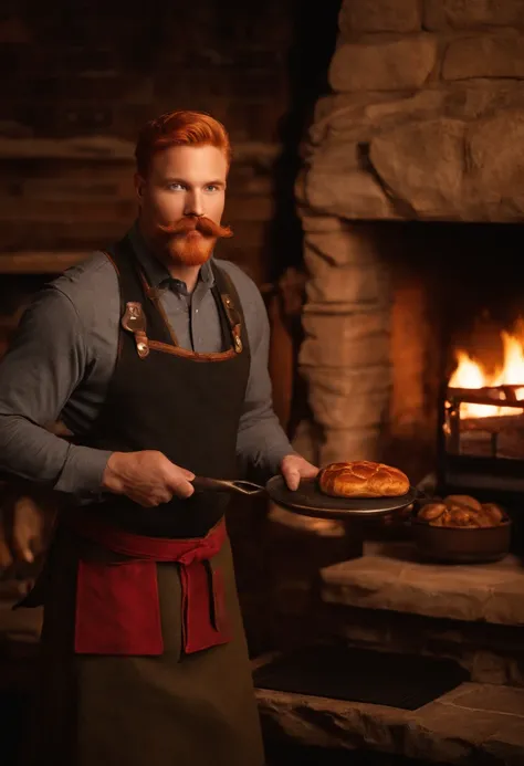 A close-up of FireplaceFrank wearing fire-themed oven mitts and holding a piping hot cast iron skillet, standing in front of a grand stone fireplace.,original,FireplaceFrank has red hair and a handlebar moustache, male