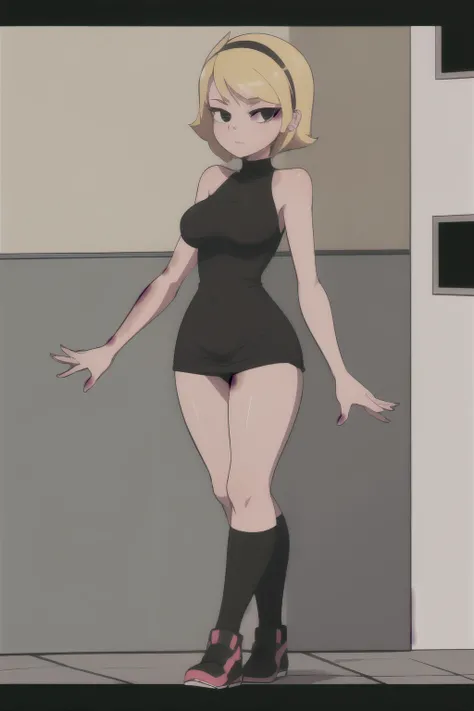 solo, full body, 1 girl, mandy, 14 year teenager, blonde hair, short hair, sharp hair, black eyes, pink dress, bodycon dress, sexy black headband, empty hands, high school background, walking