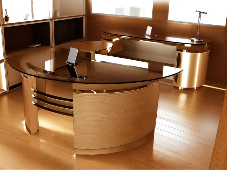 there is a glass top desk with a wooden base and a glass top, lacquered oak reception desk, desks, curved furniture, office furniture, big desk, tables, modern gallery furniture, mesa, desk, platforms, multiple desks, medium close shot, smooth curvature de...