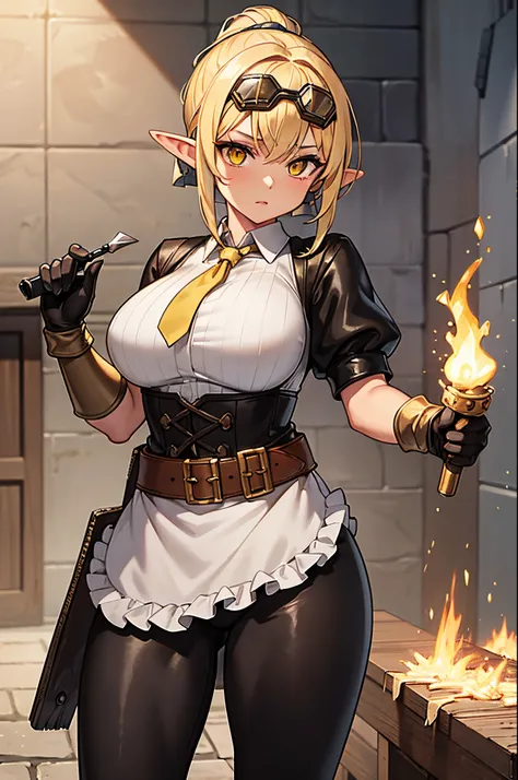 Elf woman, lightly tanned skin, bright yellow eyes, elegant makeup, short high ponytail, dark eye liner, dirty blonde hair, with bright blonde highlights, medieval blacksmith:1.2, leather pants, blacksmith apron:1.2, short sleeve collared shirt, Smithing g...