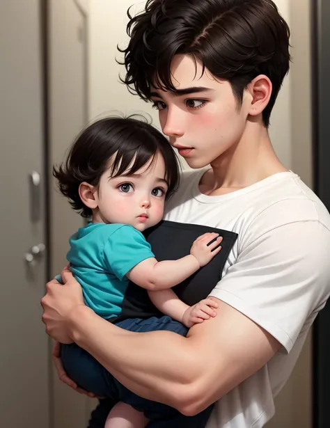 A boy and a girl holding a baby，Upper body body