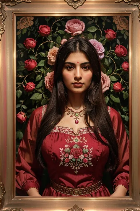 Persian Qajar period woman , in traditional red-pink clothes , background contains painting of nightingale among rose and peony flowers, floral frame , ((perfect rectangular frame))