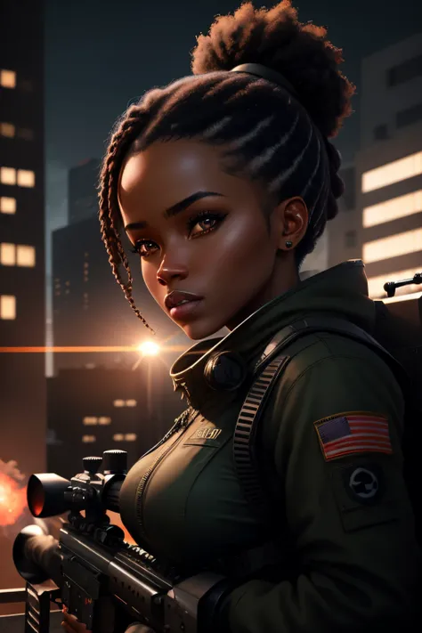 Black woman with a sniper rifle, looking through the scope, positioned on top of building shooting at the enemy on the street, photorealistic image, 8k, ultra HD, unreal engine rendered, cinematic lighting, artgerm style,