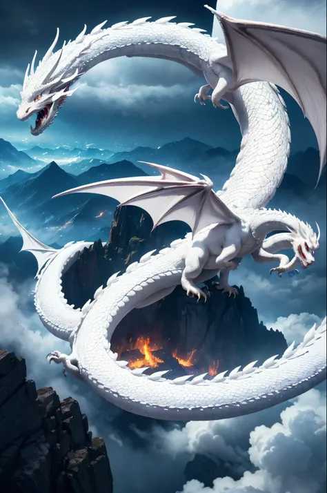 (((A White Dragon Flying))), beautiful and harmonious scene, Rain of fire, Armaggedon, exquisite animation, rich details (width is 672), high quality, clarity 4k, artistic 4k wallpaper, stunning anime landscape, 8k art wallpaper.