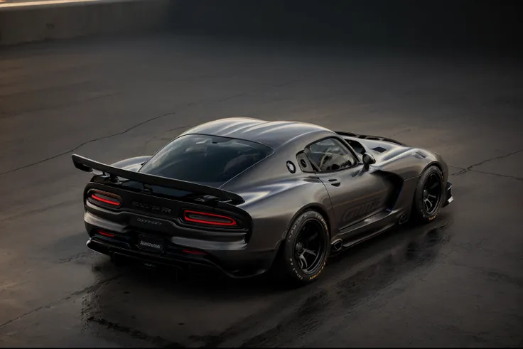 ((Dodge Viper SRT GTS-R)), (Venom matte black,) ((Jon Sibal black tactical Body Kit with rear spoiler)), front bumper splitters, side skirts, flared wheel arches, ((ominous looking)), (yellow racing alloy rims), ((lowered racing suspension)), high performa...