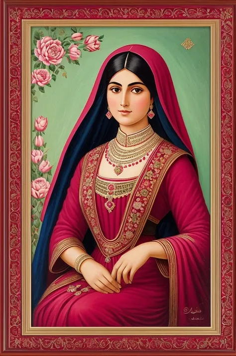 persian qajar period woman , in traditional red-pink clothes , background contains painting of nightingale among rose and peony ...