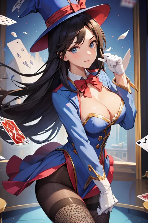 (masterpiece, best quality, high-resolution, ultra-detailed, best quality), detailed body, detailed face, 
BREAK
1girl, cute girl, middle breasts, narrow waist, black hair, long hair, 
BREAK 
magician, Circus Costumes, showing off magic tricks, hat, fishne...