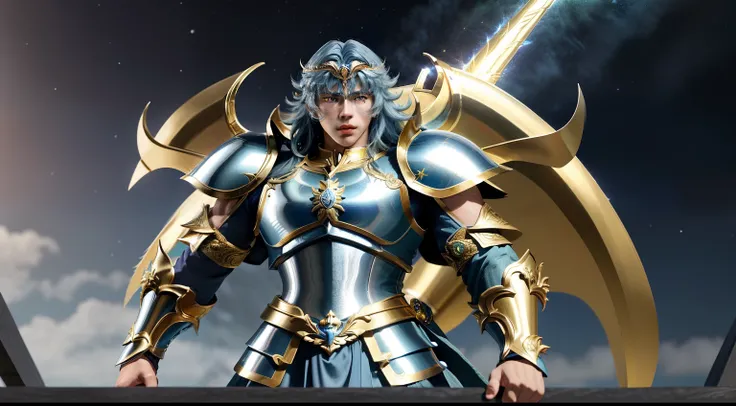 um close de uma pessoa de terno amarelo e cabelo azul, Knights of the Zodiac Girl, Knights Portrait of Zodiac Girl, Saint Seiya, joseph joestar, DEUS. dramatic gold blue lighting, Obra-prima do anime, Deus grego no estilo mecha, usando armadura dourada, Fu...