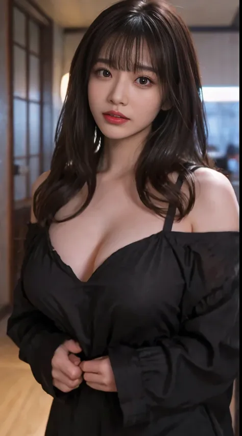 Japan cute girls, cinematic lighting,  high resolution, Best Quality, Huge breasts:2.0, long hair, Bangs down, Brown hair, Natural Skin Texture, Detailed skin, Lori, Well-formed face, open mouse,  skintight black top:1.2, black shirt