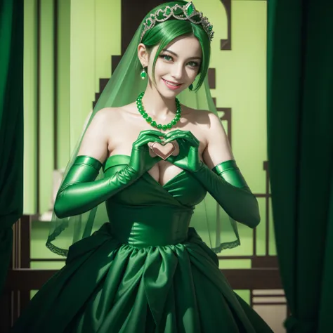 emerald tiara, Green Pearl Necklace, Boyish very short green hair, lipsticks, Japan woman smiling, very short short hair,  big breasts beautiful, Green eyes, Long green gloves made of satin material, Green eyes, Emerald Earrings, green vale, Heart with bot...