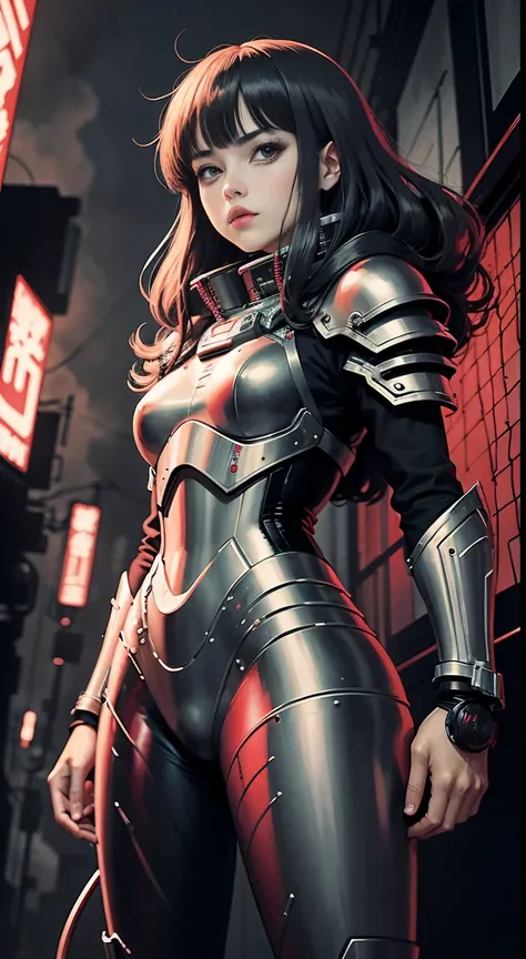 anime style from 80s, (woman in Sci-fi armor, dark red-gray armor), Junji Ito style, sweat under eyes, ink sketch, monochrome with two colors, tubes and wires from armor, complex background, dark drawing in black gradients, Junji Ito style, ghost in armor,...