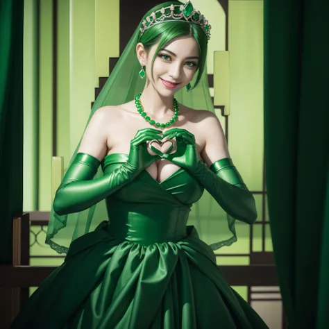 emerald tiara, Green Pearl Necklace, Boyish very short green hair, lipsticks, Japan woman smiling, very short short hair,  big breasts beautiful, Green eyes, Long green gloves made of satin material, Green eyes, Emerald Earrings, green vale, Heart with bot...