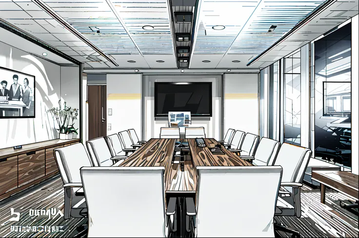 there is a large conference table with chairs and a television, meeting room, in a meeting room, ready for a meeting, cubical meeting room office, office ceiling panels, suspended ceiling, trending ，, is a stunning, motivational, interior photography, offi...