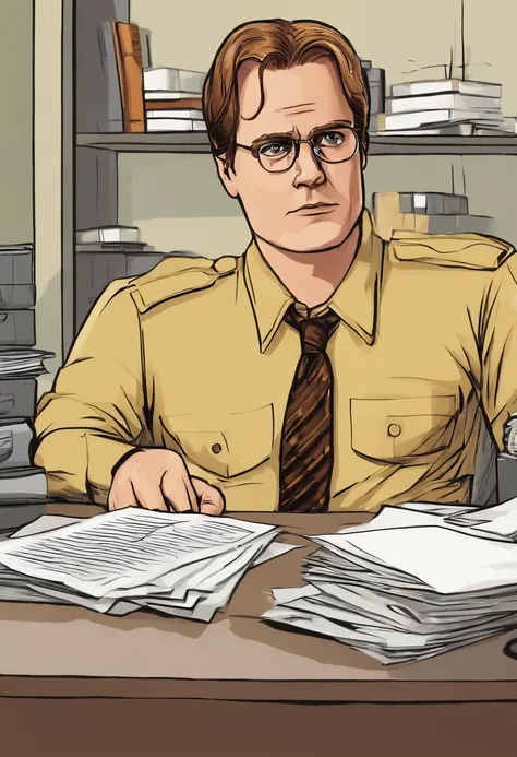 A photo of Dwight meticulously organizing his desk with military precision.,The Office,Dwight Schrute, another character from “The Office,” is known for his distinct, somewhat antiquated appearance: a stern expression, a rigid, formal posture, and usually ...