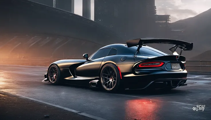 ((Blacked out dodge viper GTS-R)), (jonsibal body kit), matte black, flared wheel arches, menacing look, perfect design and craftsmanship, high performance, side exhaust pipes, (rear spoiler, side skirts, very low suspension, racing tires and deep dish all...