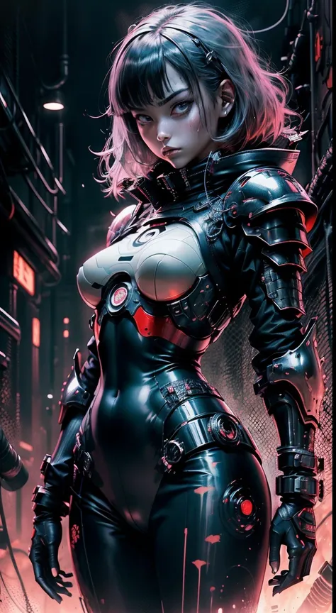 anime style from 80s, (woman in sci-fi armor, dark red-gray armor), style of junji ito, sweat under the eyes, Ink sketch, monochrome with two colors, Armored tubes and wires, Complex background, dark pattern with black gradients, style of junji ito, Ghost ...