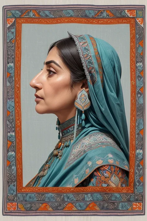 ((side view)) , Persian Qajar period woman , ((50 years old)) , heavy wrinkle on face , (gray and white hair) ,  in traditional teal and orange clothes include (((fish pattern on textile)))  , background contains painting of(( nightingale))  among orchid a...