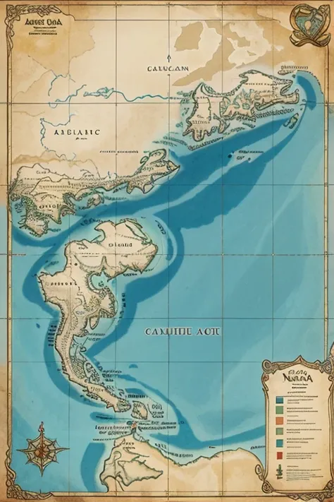 Create me a image of map in fantasy world with one main continent looking like one long noodle win mountains and other things than make some peninsulas on this main continent and than around this all make another 2 smaller continets make some island around...