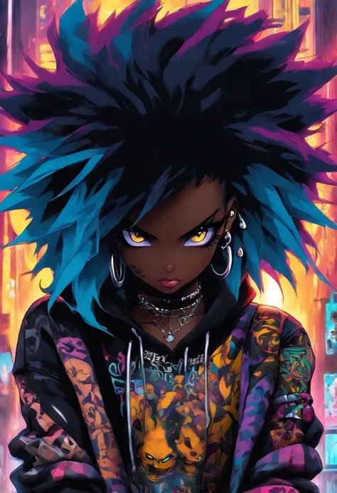 The most beautiful and sexy punk rock girl, black Afro, black and purple, blue hair, yellow eyes, dark skin, wearing a hoodie, Graphic design jacket and torn skinny jeans, tons of tattoos and piercings, Perfect masterpiece, high quality, High resolution, b...