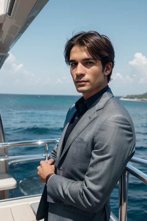 (medium shot portrait:1.3), solo, front view, (photo_(medium)), (looking at viewer:1.2), (1 man:1.3), standing on a yacht:1.4), illuminated by bright, natural light, wearing a stylish business suit, age 35, against a sea background. Emphasize hyperrealism:...