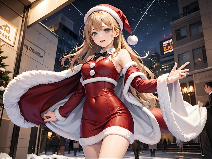 in 8K、top-quality、​masterpiece、ultra-detailliert、Ultra-high resolution、1 persons、17 years old girl、Its snowing、nightcity、a blond、santa costume、deliver a present