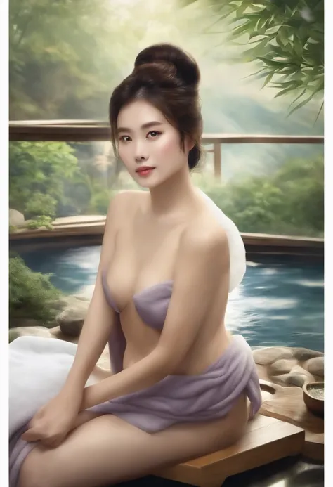 (1woman wearing one towel :1.4), (from above :1.3), (onsen:1.5), Wrap a towel around body:1.6 ,