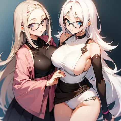 Anime, adult, 2girl, ,dark brown hair with highlights, brown eyes, light pink glasses, small boobs, long hair. white hair, blue eyes, short hair, big boobs, lesbian