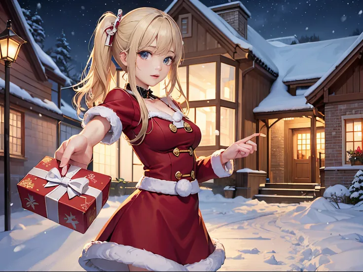 in 8K、top-quality、​masterpiece、ultra-detailliert、Ultra-high resolution、1 persons、17 years old girl、Its snowing、nightcity、a blond、santa costume、deliver a present