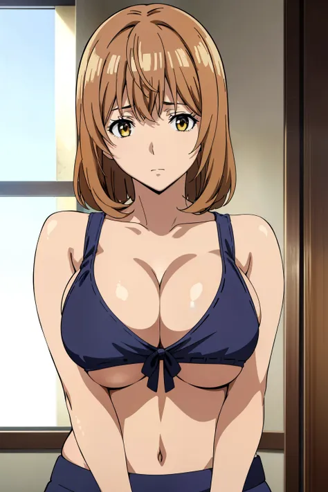 (Best Quality, masutepiece, High resolution, anime screen cap, anime colours), Brown hair, Yellow eyes, Yuriko Aoki, Embarrassed look, (large full breasts:1.5), cleavage of the breast, (white tank-top:1.5, no-bra:1.3, Thin fabric), Slimed, Arms Down:1.3, B...