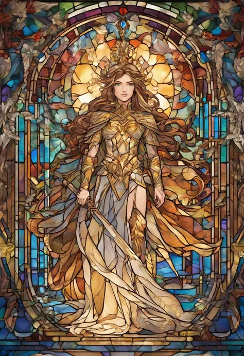 (best quality, highres, ultra-detailed:1.2), (hero:1.1) of (light:1.1), (shimmering:1.1) (sword:1.1) in (mid-air), (stained glass) (portrait) 

In this masterpiece, envision an awe-inspiring scene with the hero of light, radiating immense power and noble p...