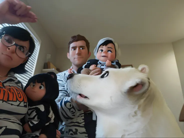 Create a pixar cartoon of a family mom with black hair and short wearing glass and holding a baby. The dad with blond hair and bear holding a baby. The have a white dog