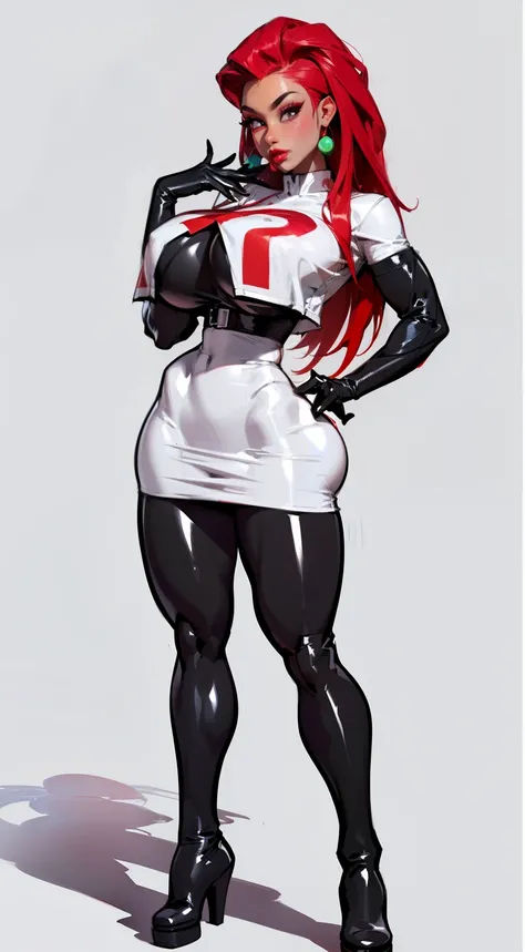 ((masterpiece)),(((best quality))),((character design sheet)), Pokémon character Jessie, (team rocket uniform) ((Jessie)), ((full body view))  mature face, (red violet hair),((asian eyes:1.4)),  (thigh high black boots:1.4), (slicked back hair), defined ch...