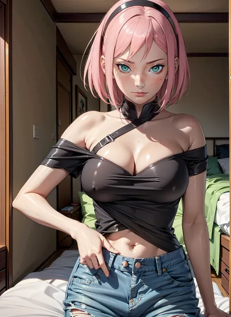 1 fille,corps sexy,corps parfait,Vêtements très serrés,Montre beaucoup de peau,Vêtements sexy,,Les seins sortent,Debout dans le jardin,Sakura Haruno,bande de cheveux roux, le soir, Lumière orange, (( soutien-gorge noir)),Jeans noirs chauds,chaud, gros sein...